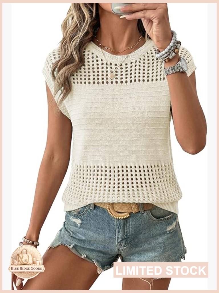 Cap Sleeve Crochet Hollow Out Knit Sweater Vest Pullover T-Shirt Beach Coverup